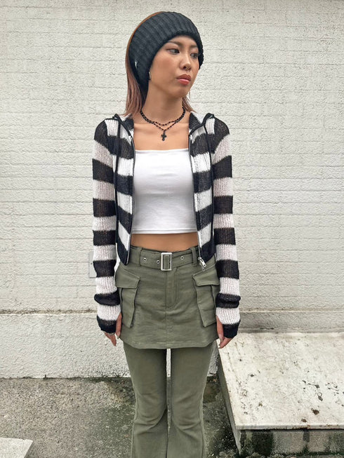 ボーダー透かしニットパーカー