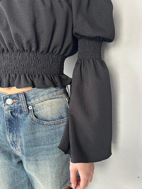 オフショルシャーリングトップス