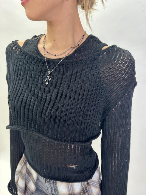 ダメージレイヤードニットトップ