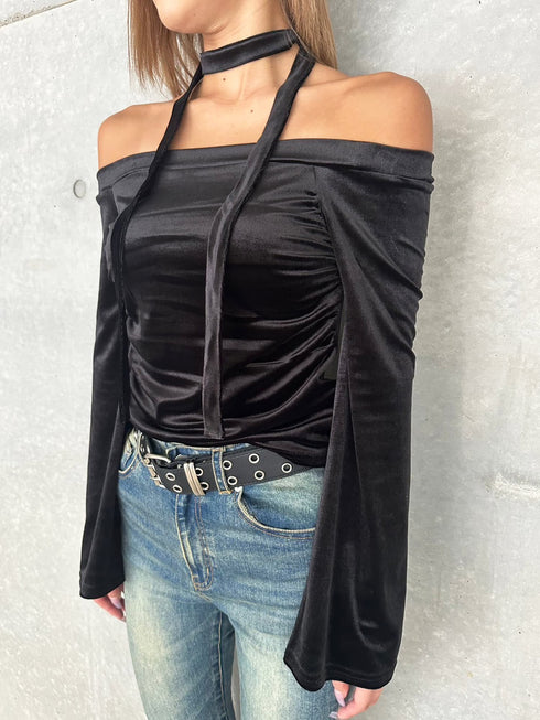 ストール付オフショルベロアトップ