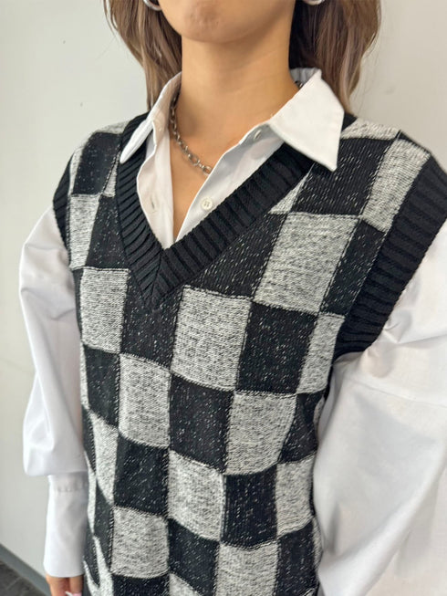 ブロックチェックニットベスト