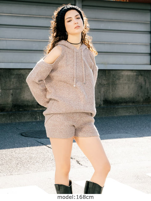 肩あきフード MIX二ットトップ