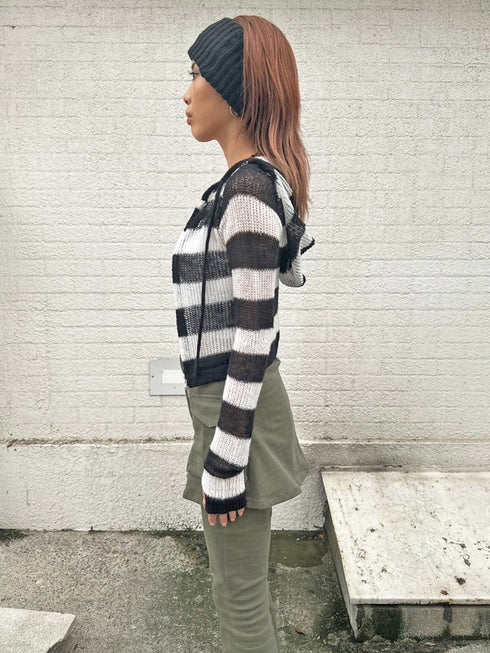 ボーダー透かしニットパーカー