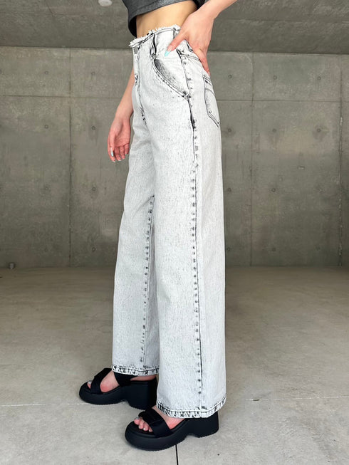 カットオフハイウエストデニムワイドパンツ