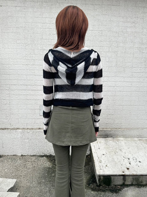 ボーダー透かしニットパーカー