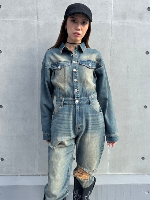 ヴィンテージ加工デニムオールインワン