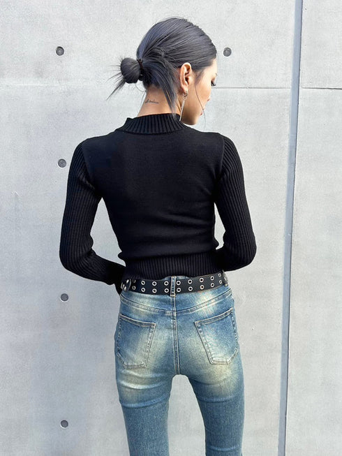 2パターン編地デザインニットTOP