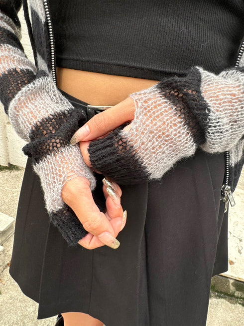 ボーダー透かしニットパーカー