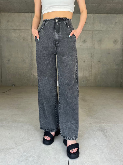 カットオフハイウエストデニムワイドパンツ