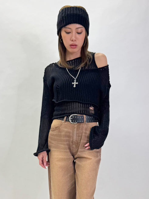 ダメージレイヤードニットトップ