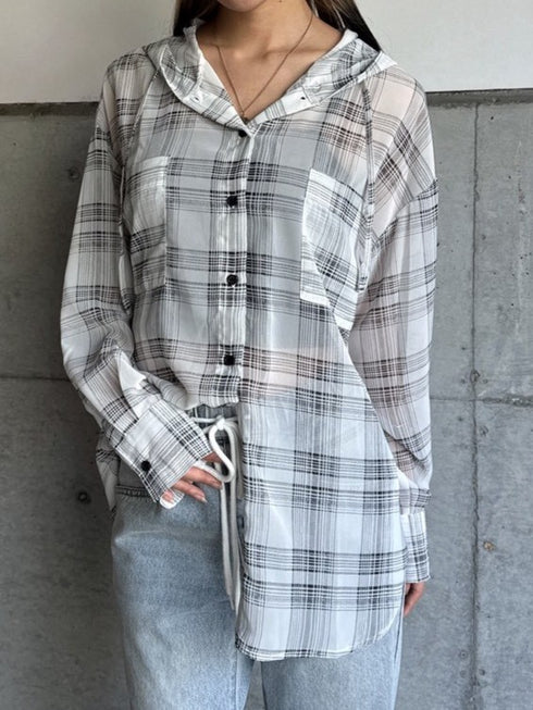 シアーチェックフードシャツ