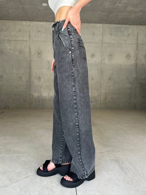 カットオフハイウエストデニムワイドパンツ