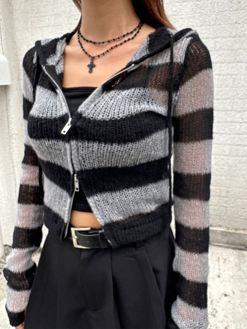 ボーダー透かしニットパーカー