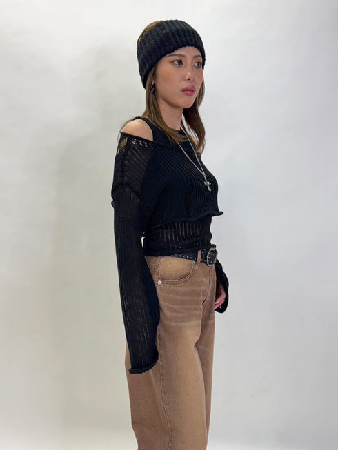 ダメージレイヤードニットトップ