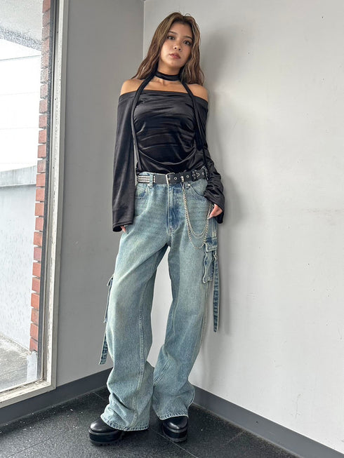 カーゴポケットワイドデニムパンツ