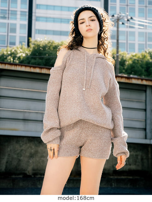 肩あきフード MIX二ットトップ