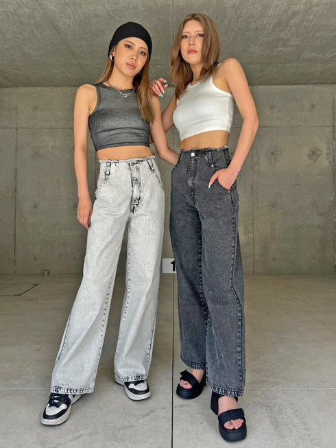 カットオフハイウエストデニムワイドパンツ