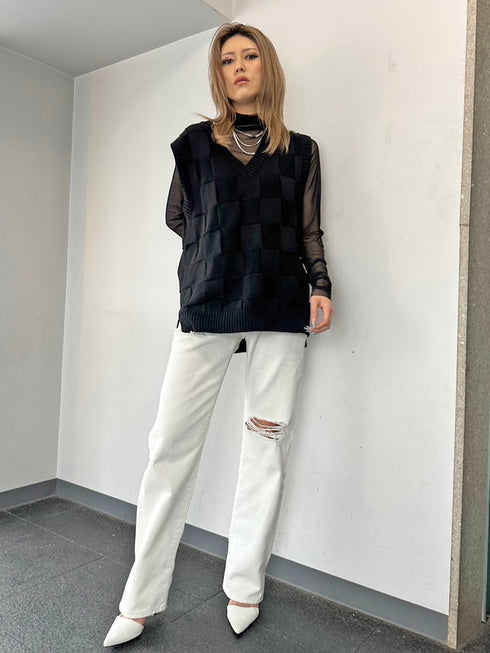 ブロックチェックニットベスト