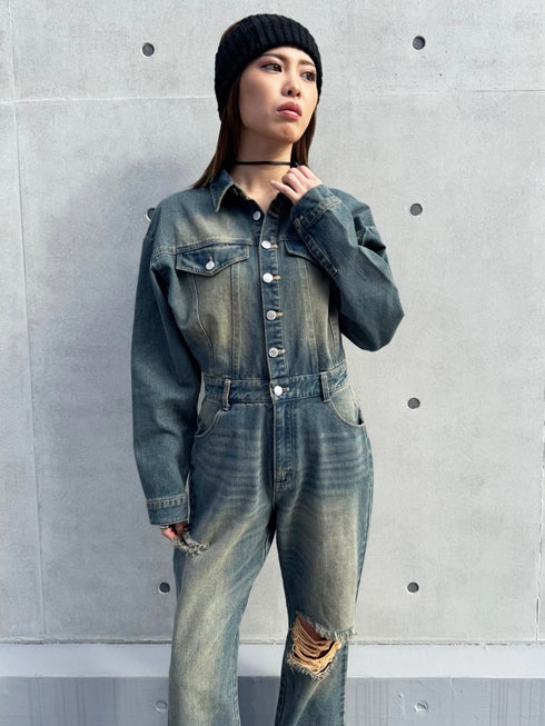 ヴィンテージ加工デニムオールインワン