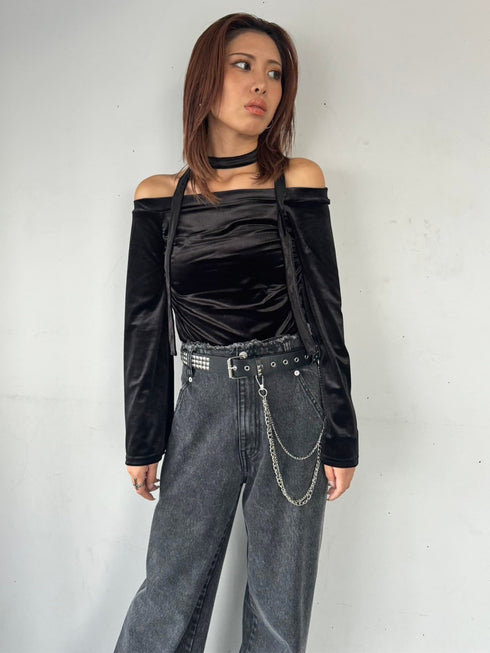 ストール付オフショルベロアトップ