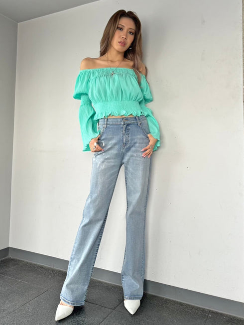 オフショルシャーリングトップス