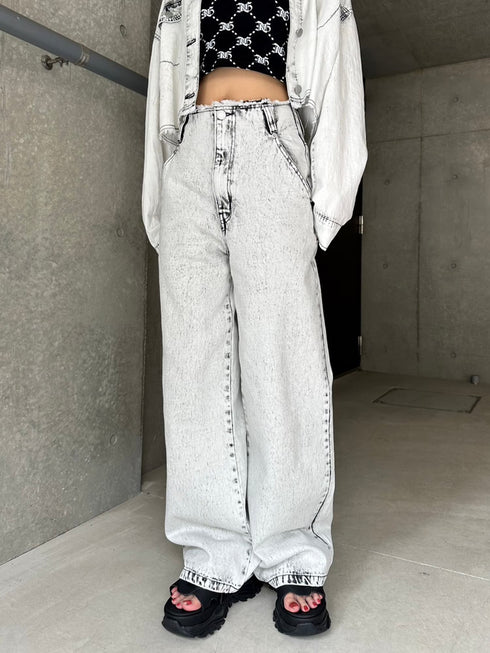 カットオフハイウエストデニムワイドパンツ