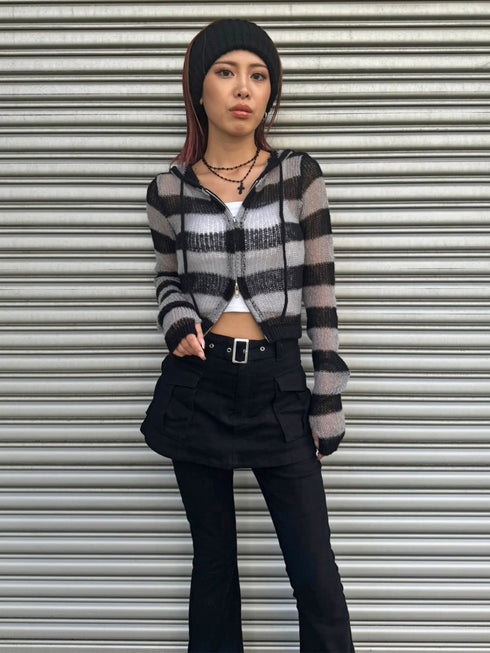 ボーダー透かしニットパーカー