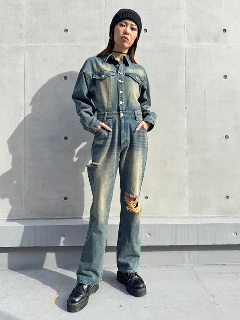 ヴィンテージ加工デニムオールインワン