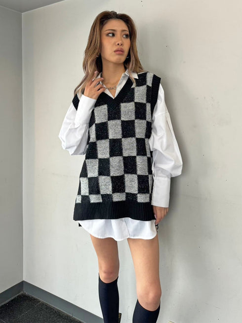 ブロックチェックニットベスト