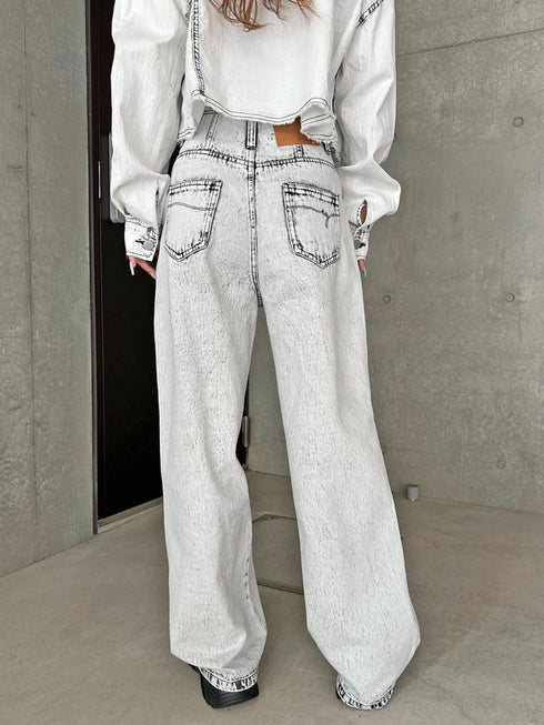 カットオフハイウエストデニムワイドパンツ