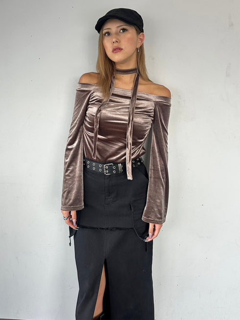 ストール付オフショルベロアトップ