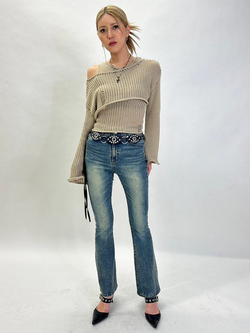 ダメージレイヤードニットトップ