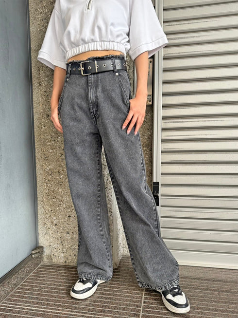 カットオフハイウエストデニムワイドパンツ