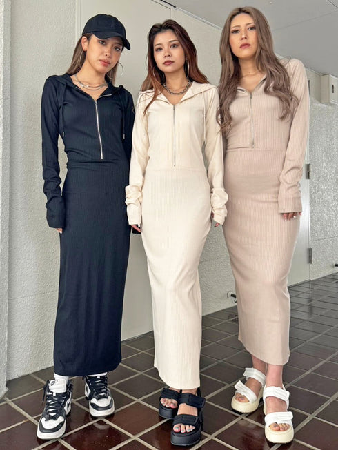 フロントジップリブフーディワンピース