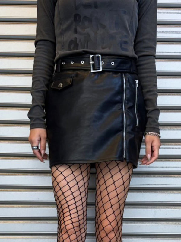 ベルト付フェイクレザータイトミニスカート