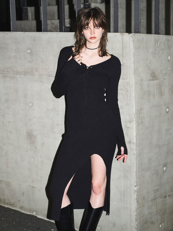 レースアップデザインニットワンピース