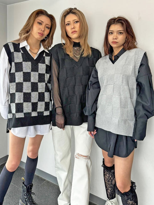 ブロックチェックニットベスト