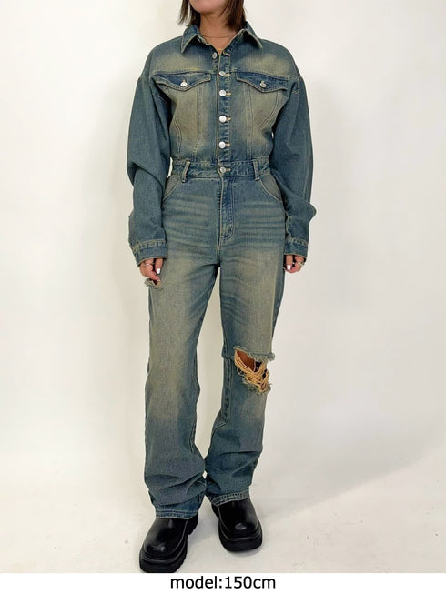 ヴィンテージ加工デニムオールインワン
