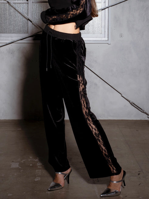 脇レースベロアストレートパンツ