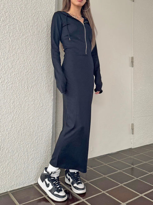 フロントジップリブフーディワンピース