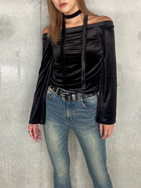 ストール付オフショルベロアトップ