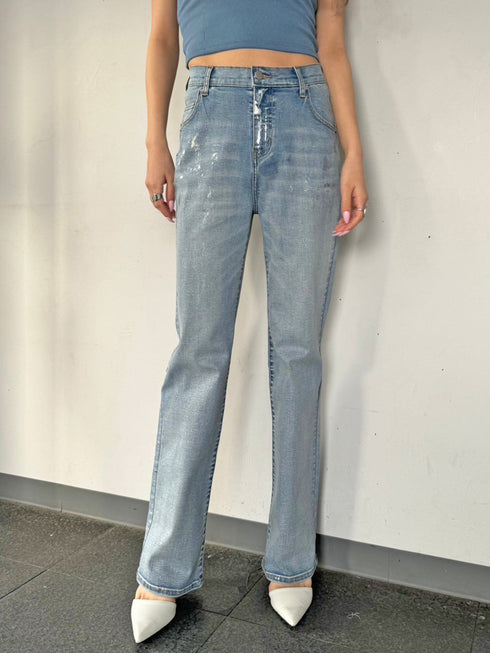 ホイルプリントデニムストレートパンツ