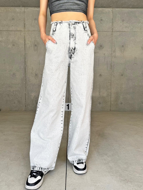 カットオフハイウエストデニムワイドパンツ