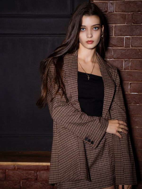 フレアスリーブチェック柄シングルジャケット