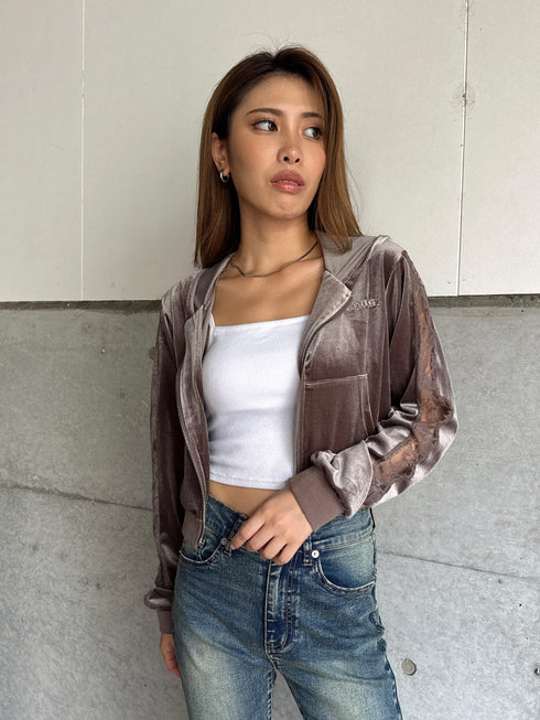 袖レースベロアパーカー