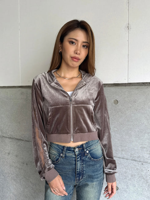 袖レースベロアパーカー