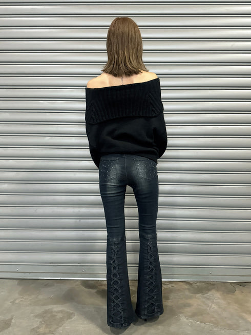 裾レースアップフレアパンツ