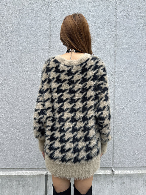 千鳥柄シャギーニットカーディガン