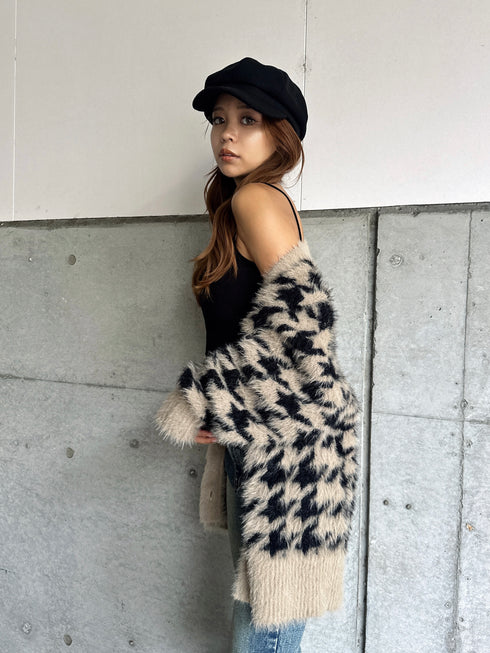 千鳥柄シャギーニットカーディガン
