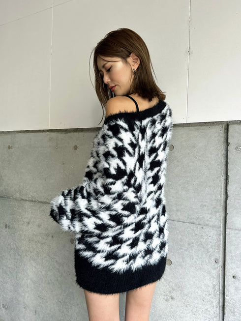 千鳥柄シャギーニットカーディガン